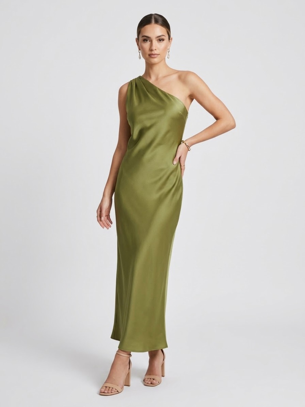 Zara Olive Green Satin One-Shoulder Maxi Dress Medium Draped Evening Gown Medium